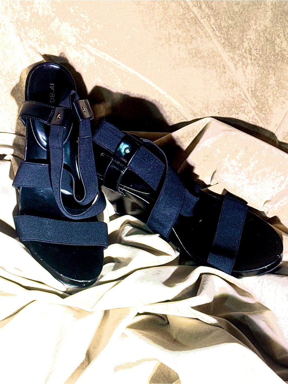 BCBG Women’s Black Elastic Strap Wedges